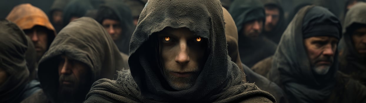 mysterious hooded figure in a crowd photo