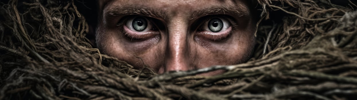 Mysterious eyes peering through tangled branches photo