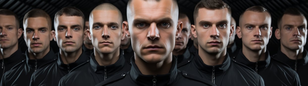 Serious men in black jackets standing in a row photo