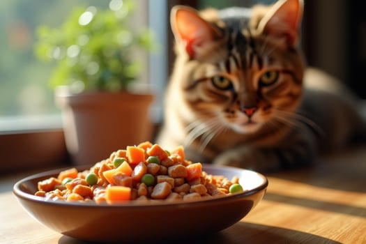 A cat sits next to a bowl of food photo