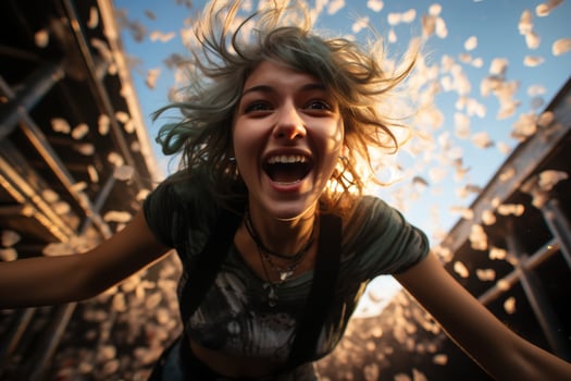 Joyful woman with windblown hair photo
