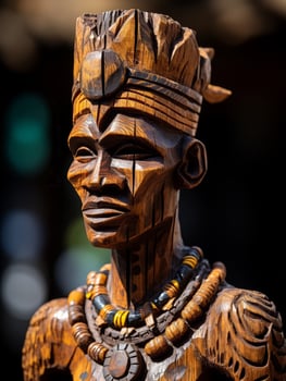 Detailed wooden tribal mask with intricate patterns and beaded necklace photo