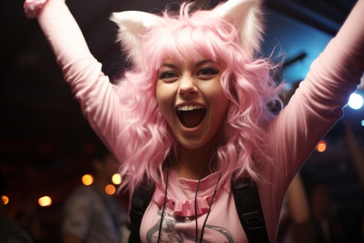 Excited woman with vibrant pink hair photo