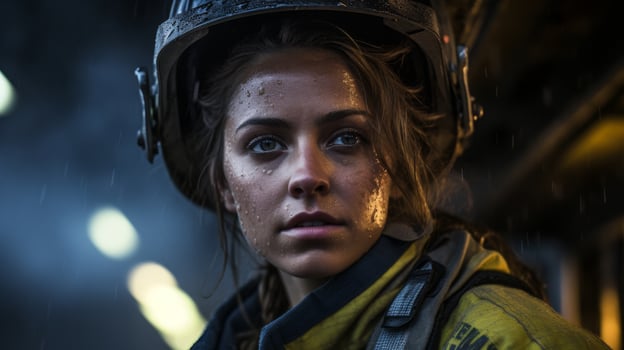 Determined firefighter in action during emergency response photo