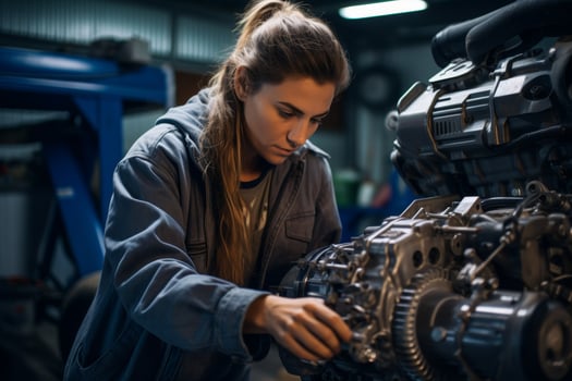 Focused mechanic working on car engine in auto repair shop photo