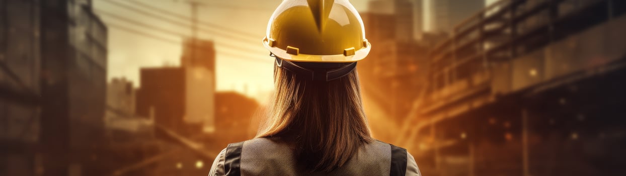 construction worker in hard hat overlooking city skyline photo