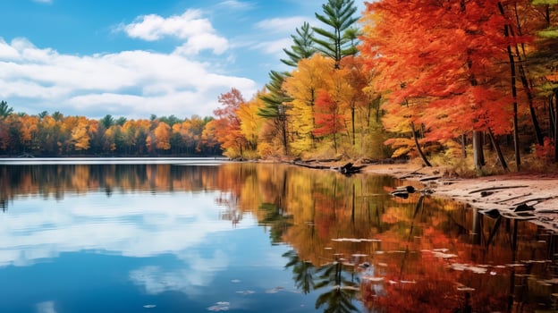 Vibrant autumn foliage reflected in a serene lake photo