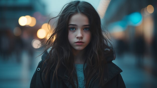 Pensive young woman with long dark hair in the city at night photo