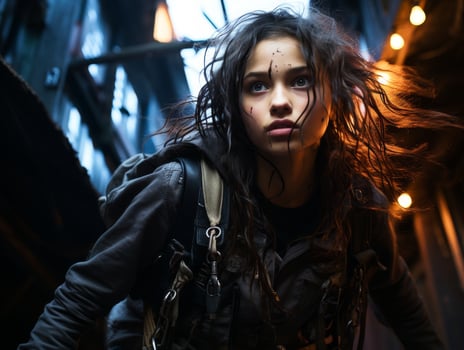 Intense young woman with windblown hair in dark urban setting photo