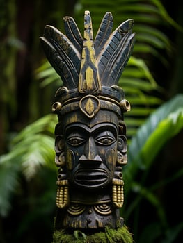 Ornate Tiki Idol in Tropical Foliage photo