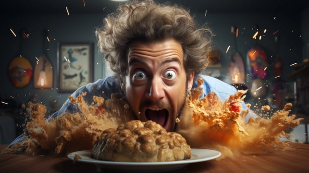 Shocked man with wild hair eating large fried chicken photo