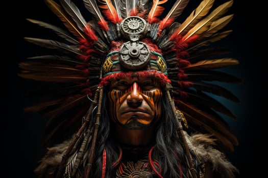 Powerful indigenous warrior in traditional ceremonial headdress photo