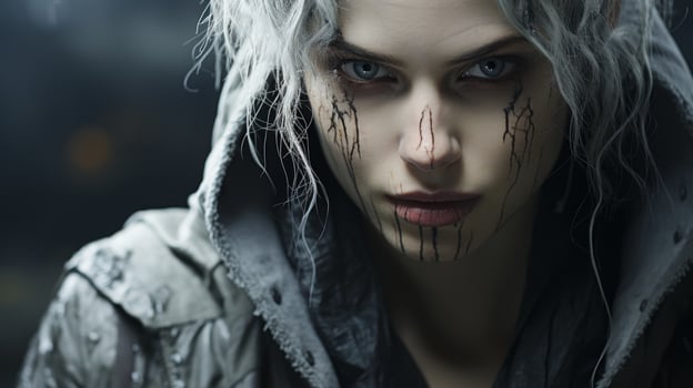Intense female portrait with dramatic makeup and expression photo