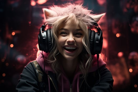 smiling woman with headphones in front of colorful background photo