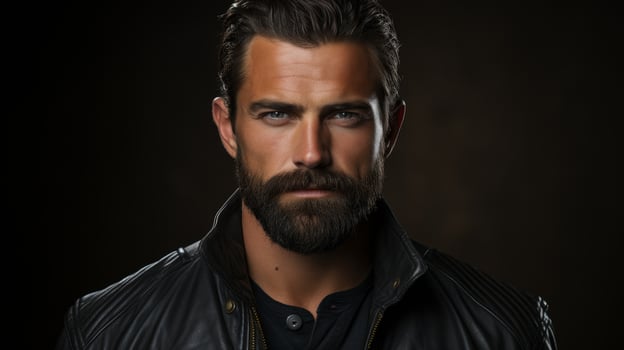 Handsome man with beard wearing leather jacket photo