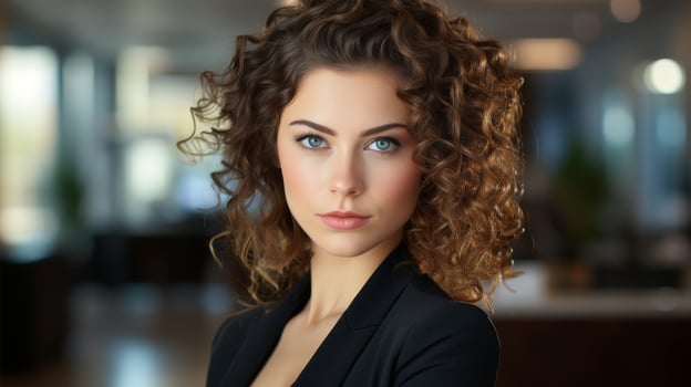 Elegant woman with curly hair and blue eyes photo