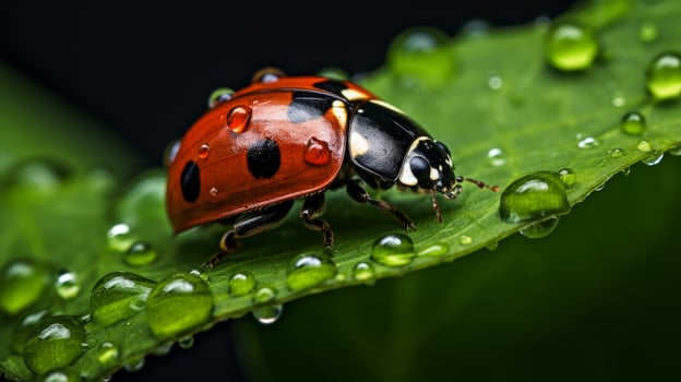 close up of a vibrant red ladybug on a leaf with water droplets photo