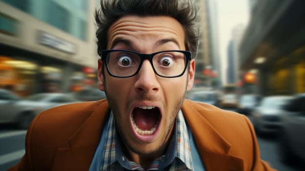 surprised man with glasses and windblown hair photo