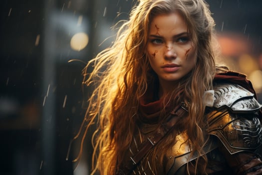 Fierce female warrior in the rain photo