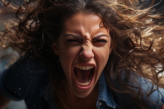 Angry woman screaming with wind blown hair photo