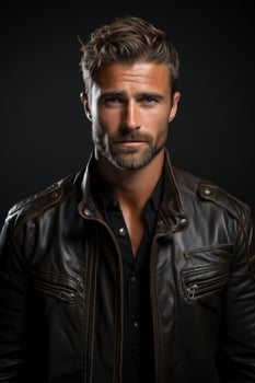 Handsome man with beard wearing leather jacket photo
