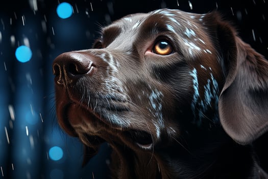 Close up of a dogs face in the rain photo