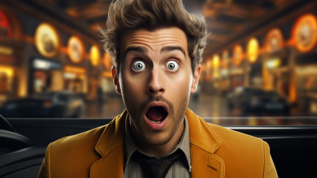 Surprised man with exaggerated facial expression photo