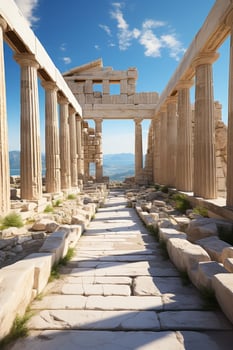 ancient greek ruins with columns and blue sky photo
