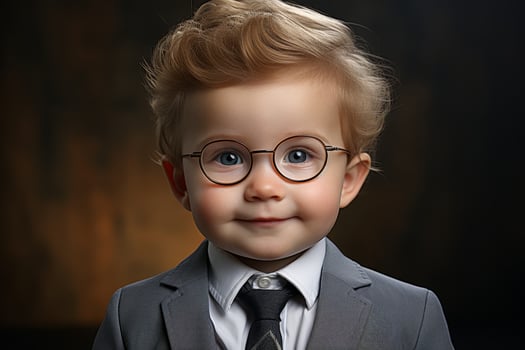 Adorable young boy in suit and glasses photo