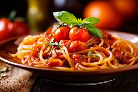 Delicious homemade italian pasta dish with tomatoes and basil photo