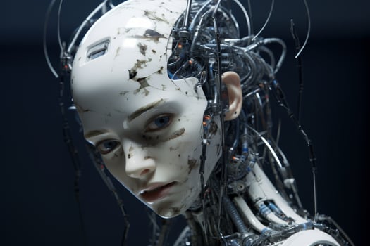 Futuristic robot face with damaged skin and wires photo