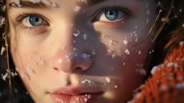 Captivating close up of a persons face with striking blue eyes and snow like flakes photo