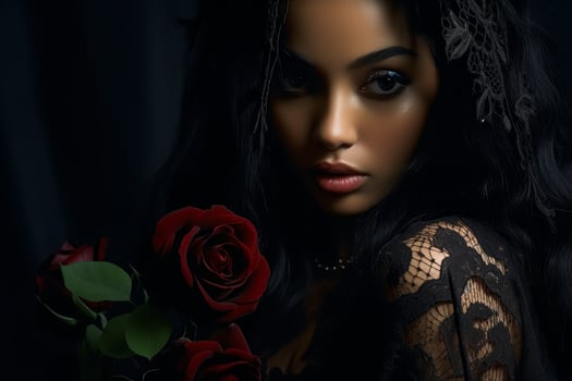 mysterious woman in black lace with red rose photo