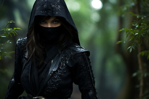 mysterious hooded figure in dark forest photo