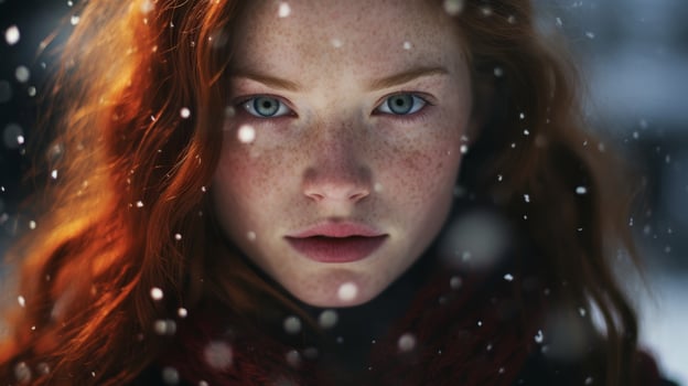 Captivating redheaded woman with striking green eyes in the snow photo
