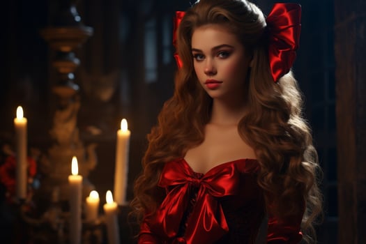 Elegant woman in red dress posing with candles photo