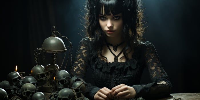 Mysterious gothic woman with dark hair and lace dress photo