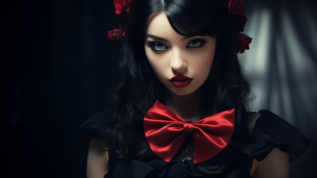 mysterious woman with dark hair and red bow photo