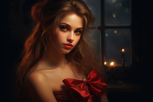 Glamorous woman with red dress and curly hair photo
