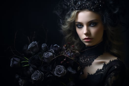 dark and mysterious woman with black roses photo