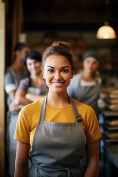 Smiling woman in apron standing in cafe photo