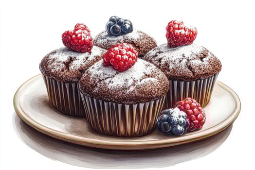 Delicious chocolate muffins with raspberries and blackberries topping and powdered sugar on a plate photo