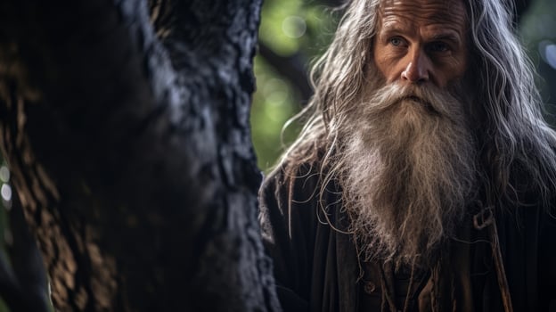 Wise old man with long beard in forest photo