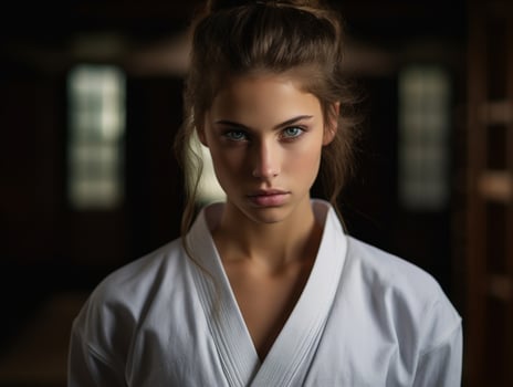 Intense gaze of a woman in a white robe photo