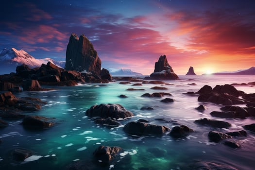 Dramatic sunset over rugged coastal landscape photo