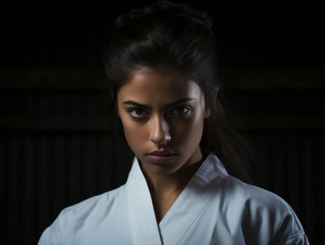 Serious martial arts woman in white uniform photo