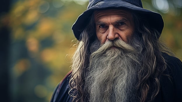 Weathered bearded man in hooded cloak photo