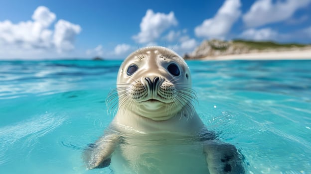 Cute baby seal swimming in turquoise water with sandy beach background photo