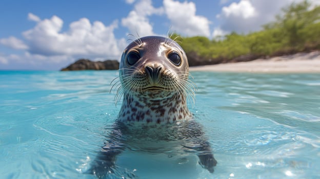 Curious seal pup emerging from crystal-clear tropical water photo