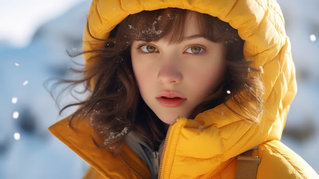 Captivating young woman in yellow winter coat photo